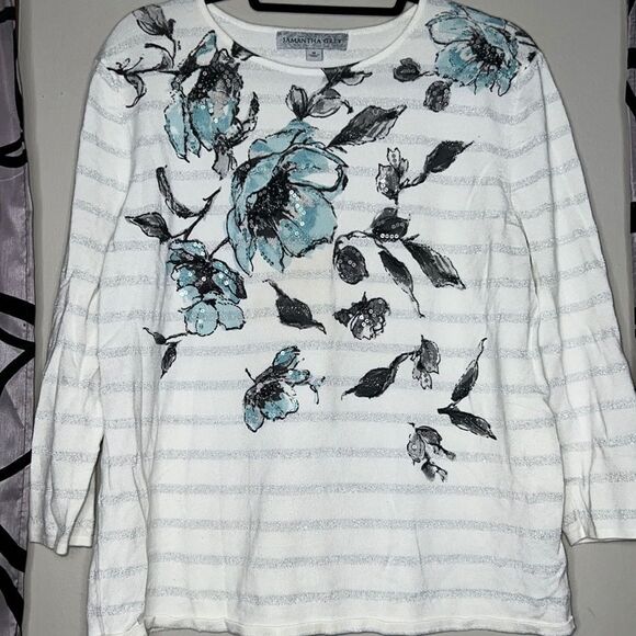 Samantha Grey, silver striped floral, sequin top size medium - Picture 1 of 11